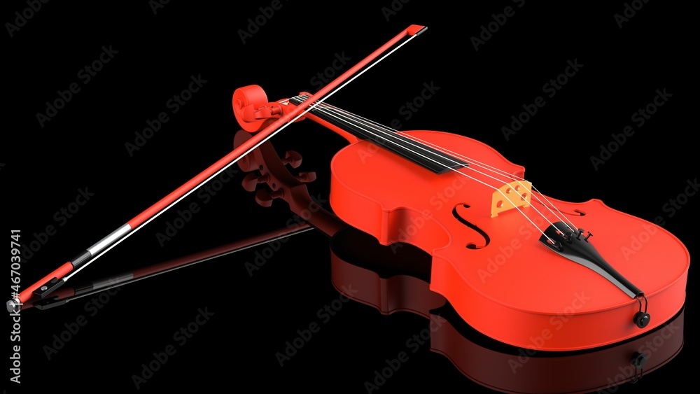 Fototapeta premium Orange-Gold classic violin on black plate under spot lighting background. 3D sketch design and illustration. 3D high quality rendering.