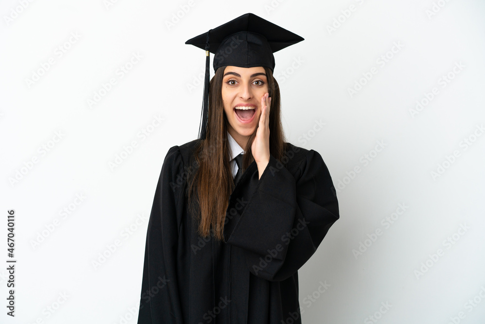 Young university graduate isolated on white background with surprise and shocked facial expression Young university graduate isolated on white background with surprise and shocked facial expression