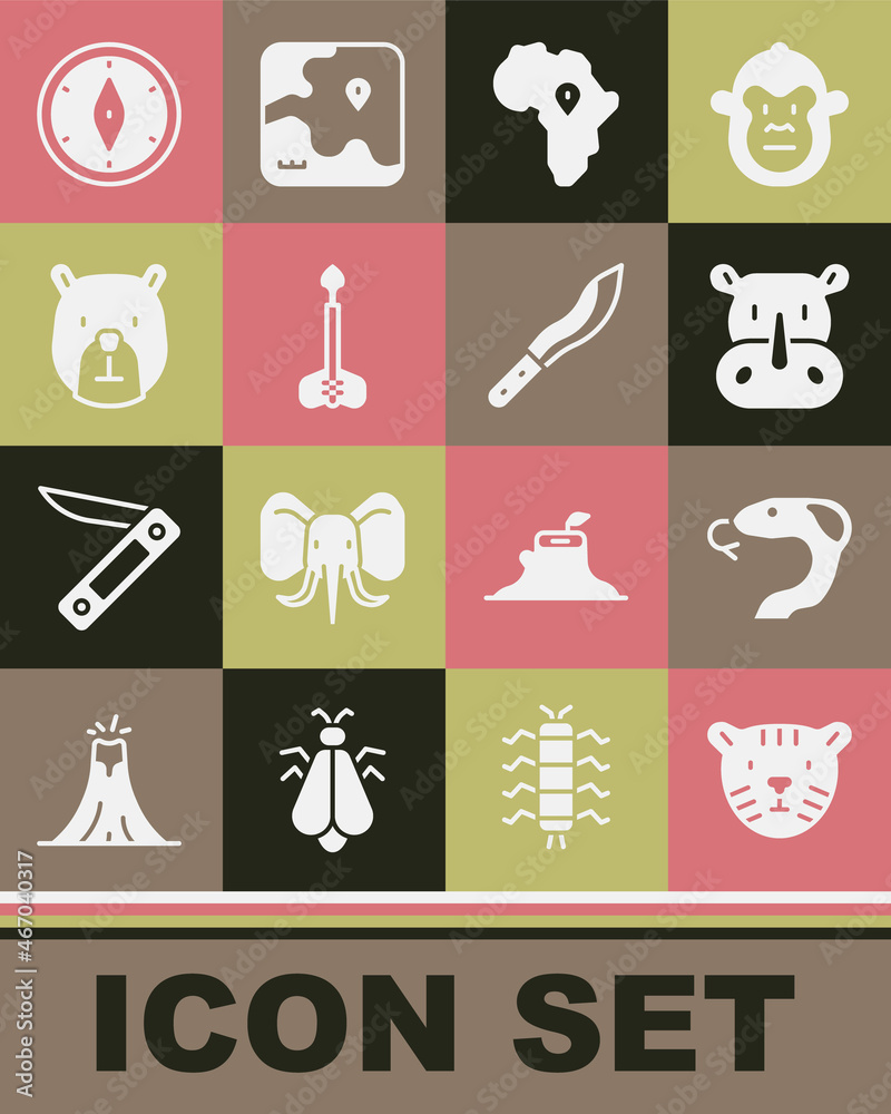 Set Tiger head, Snake, Rhinoceros, Map of Africa, Arrow, Bear, Compass and Machete icon. Vector Set Tiger head, Snake, Rhinoceros, Map of Africa, Arrow, Bear, Compass and Machete icon. Vector