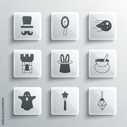 Set Magic wand, stone, Witch cauldron, Magician hat rabbit ears, Ghost, Castle tower, and Fireball icon. Vector