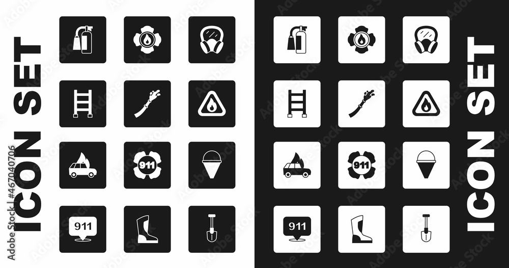 Set Gas mask, Fire hose reel, escape, extinguisher, flame triangle, Firefighter, cone bucket and Burning car icon. Vector Set Gas mask, Fire hose reel, escape, extinguisher, flame triangle, Firefighter, cone bucket and Burning car icon. Vector
