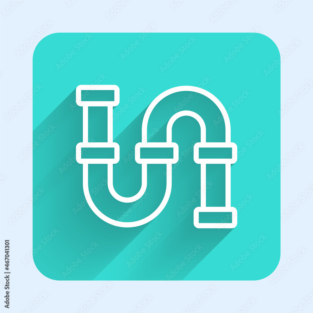White line Industry metallic pipe icon isolated with long shadow background. Plumbing pipeline parts of different shapes. Green square button. Vector White line Industry metallic pipe icon isolated with long shadow background. Plumbing pipeline parts of different shapes. Green square button. Vector
