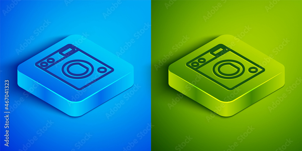 Isometric line Washer icon isolated on blue and green background. Washing machine icon. Clothes washer - laundry machine. Home appliance symbol. Square button. Vector Isometric line Washer icon isolated on blue and green background. Washing machine icon. Clothes washer - laundry machine. Home appliance symbol. Square button. Vector