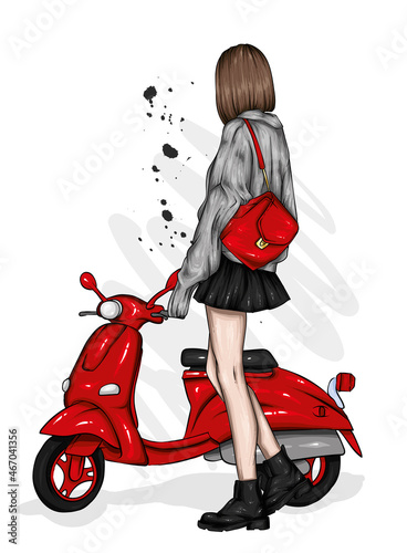 Beautiful girl in stylish clothes and a vintage moped. Fashion and style, clothing and accessories. Vector illustration.