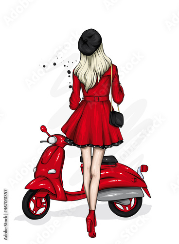 Beautiful girl in stylish clothes and a vintage moped. Fashion and style, clothing and accessories. Vector illustration.