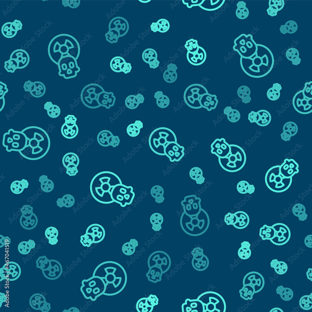 Green line Radioactive icon isolated seamless pattern on blue background. Radioactive toxic symbol. Radiation hazard sign. Vector Green line Radioactive icon isolated seamless pattern on blue background. Radioactive toxic symbol. Radiation hazard sign. Vector