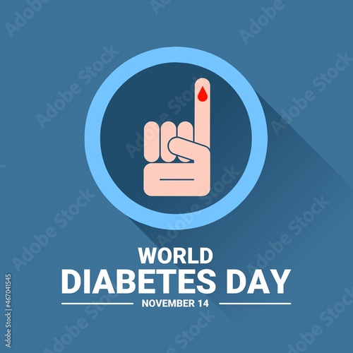 Vector illustration, index finger with blood sample, as banner or poster, world diabetes day.