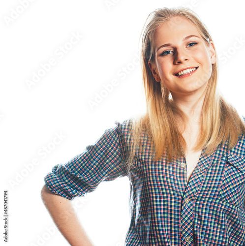 young pretty teenage hipster girl posing emotional happy smiling on white background, lifestyle people concept © iordani