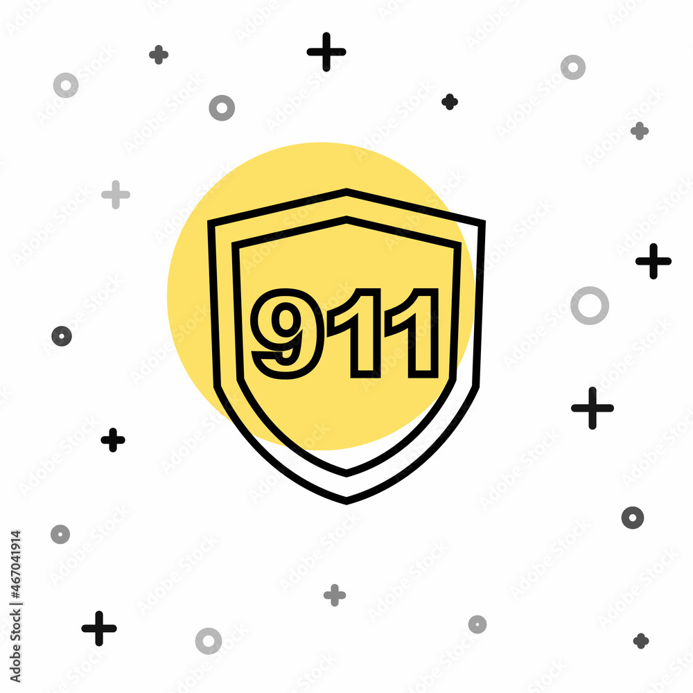 Black line Telephone with emergency call 911 icon isolated on white background. Police, ambulance, fire department, call, phone. Random dynamic shapes. Vector Black line Telephone with emergency call 911 icon isolated on white background. Police, ambulance, fire department, call, phone. Random dynamic shapes. Vector
