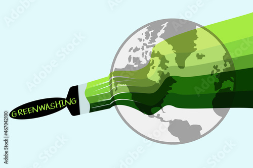 Greenwashing the  World, the World being painted environmentally green with a greenwash paintbrush concept illustration, governments and companies misleading public with false eco claims