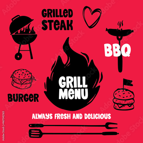 Set of hand-drawn elements, barbecue tools. Grill menu label. Hand drawn bbq vectors.