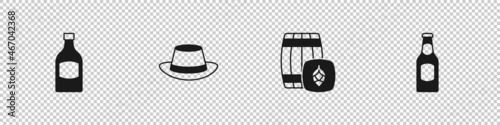 Set Beer bottle, Oktoberfest hat, Wooden barrel and icon. Vector