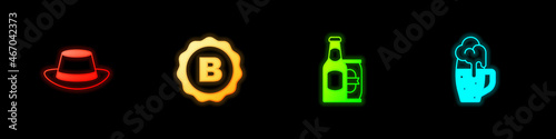Set Oktoberfest hat, Bottle cap with beer, Beer bottle and can and Glass of icon. Vector