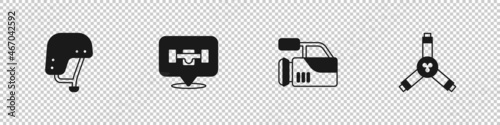 Set Skateboard helmet, wheel, Cinema camera and Y-tool icon. Vector