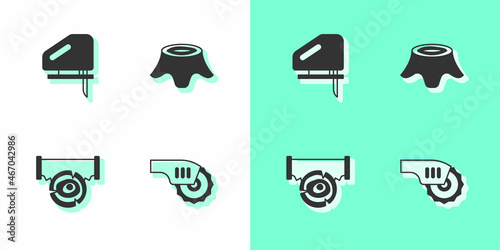 Set Electric circular saw, jigsaw, Two-handed and log and Tree stump icon. Vector