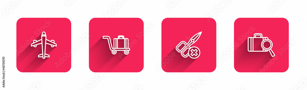 Set line Plane, Trolley baggage, No scissors and Lost with long shadow. Red square button. Vector Set line Plane, Trolley baggage, No scissors and Lost with long shadow. Red square button. Vector