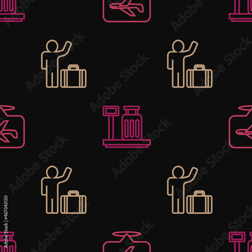 Set line Plane, Tourist with suitcase and Scale on seamless pattern. Vector