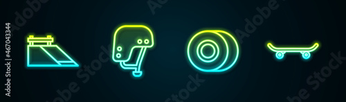 Set line Skate park, Skateboard helmet, wheel and . Glowing neon icon. Vector