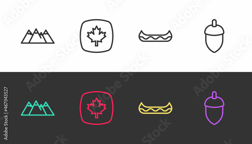 Set line Mountains, Canadian maple leaf, Kayak and Acorn on black and white. Vector