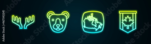 Set line Deer antlers, Bear head, Canada map and Pennant flag of. Glowing neon icon. Vector