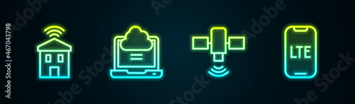 Set line Smart home with wi-fi, Network cloud connection, Satellite and LTE network. Glowing neon icon. Vector