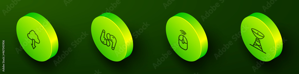 Set Isometric line Cloud download, Air headphones, Wireless computer mouse and Satellite dish icon. Vector Set Isometric line Cloud download, Air headphones, Wireless computer mouse and Satellite dish icon. Vector
