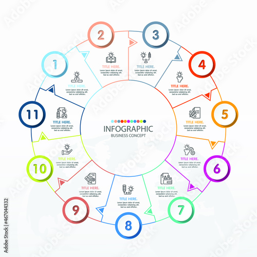 Basic circle infographic template with 11 steps, process or options, process chart, Used for process diagram, presentations, workflow layout, flow chart, infograph. Vector eps10 illustration.