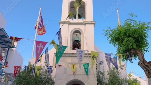 Mykonos Metropolitan Church with iconic bell tower on a sunny summer day
