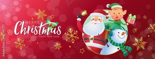 Christmas  banner with Santa Claus and his companions and Merry Christmas calligraphy on red background. Vector flat illustration.