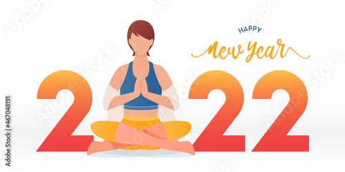 Happy New Year 2022 banner with yoga poses or asana posture. Year of good health. Banner design template for New Year 2022 decoration in Yoga Concept. 