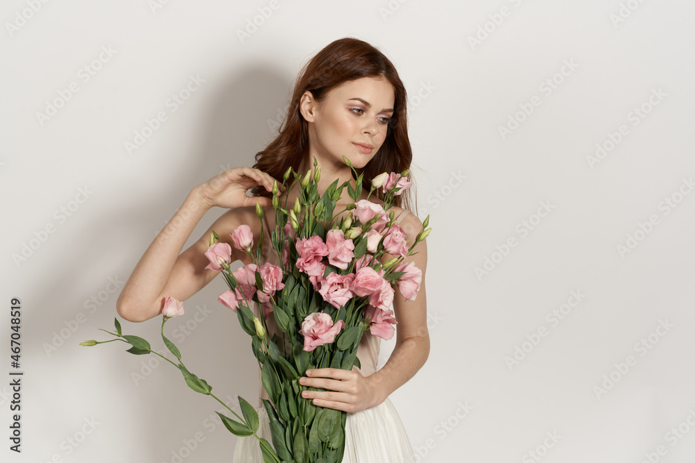 attractive woman pink flower bouquet fashion summer light background