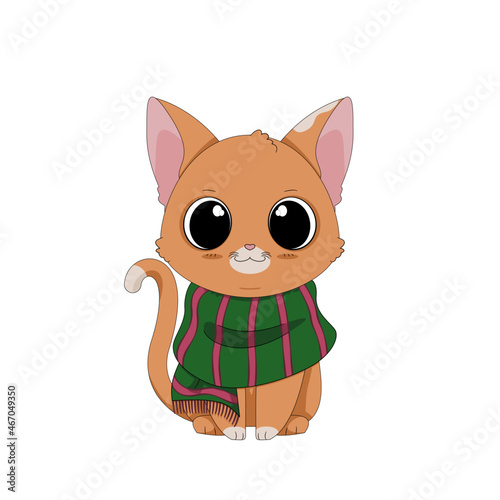 Ręcznie rysowany uroczy mały rudy kotek w zielonym ciepłym szaliku. Wektorowa ilustracja zadowolonego, siedzącego kota. Słodki, chętny do zabawy zwierzak. Kot gotowy na zimę.