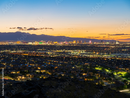 High angle night view of Henderson Cityscape with strip skyline
