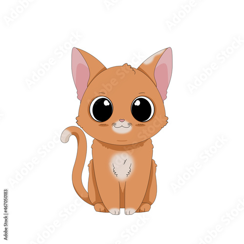 Rudy kot. Ręcznie rysowany uroczy mały kotek. Ilustracja zadowolonego, siedzącego kota. Słodki, chętny do zabawy zwierzak.