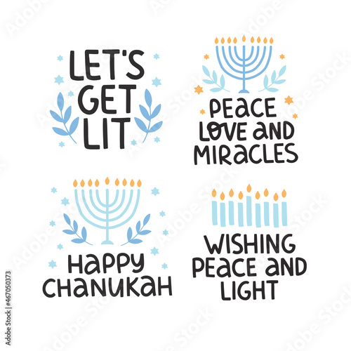 Hanukkah vector celebration typography lettering set. Traditional Jewish holiday Hanuka phrases collection. Peace Love and Miracles quote with menorah. Chanukah wishes isolated on white.