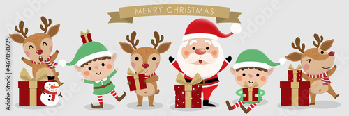 Merry Christmas and happy new year greeting card with cute Santa Claus, little elf, snowman and deer. Holiday cartoon character in winter season. -Vector