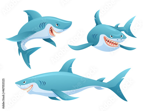 Set of shark in various poses cartoon illustration