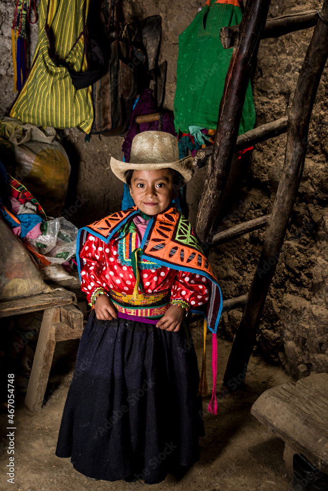 Fototapeta premium Niña de los andes posando en diferentes lugares de su pueblo y casa realizando varias acciones
