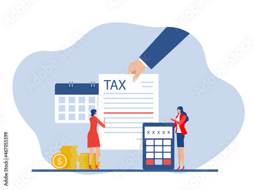  Hand gives notice pay tax financial,paperwork, financial research report and calculation of tax return. Payment of debt. Government, state taxes vector