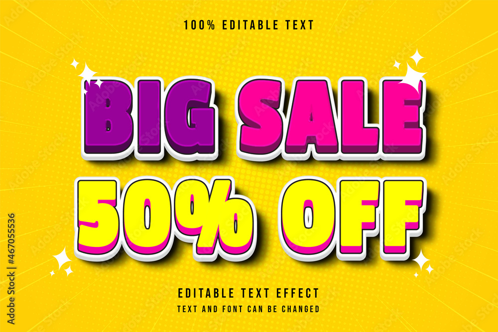 Big sale 50% off,,3 dimensions editable text effect purple pink yellow comic style