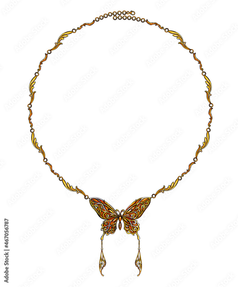 Fototapeta premium Jewelry design art vintage mix butterfly gold necklace. Hand drawing and painting on paper.