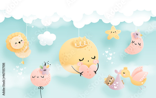 baby bear and lion in blue sky