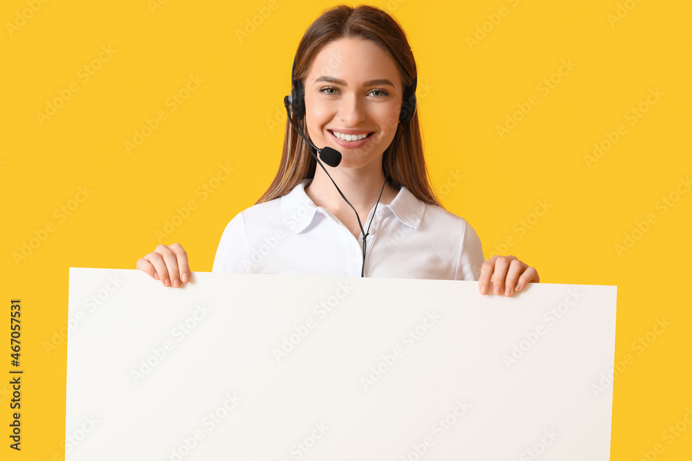 Female technical support agent with blank poster on color background Female technical support agent with blank poster on color background
