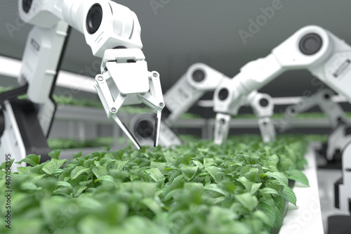 Smart robotic farmers concept, robot farmers, Agriculture technology, Farm automation. photo