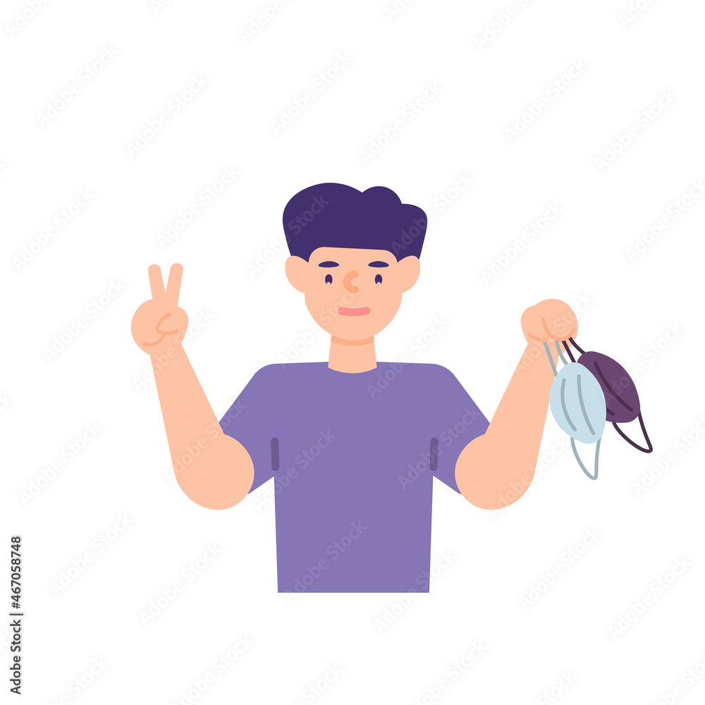 illustration of a man telling to wear two health masks or to use double masks. double protection to prevent the transmission of the corona virus. protect themselves from disease. flat cartoon style