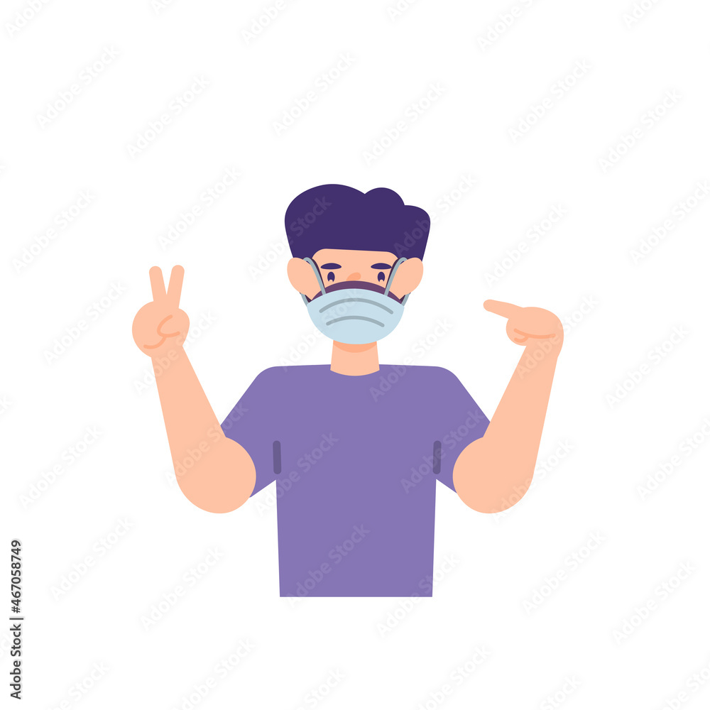 illustration of a man telling to wear two health masks or to use double masks. double protection to prevent the transmission of the corona virus. protect themselves from disease. flat cartoon style