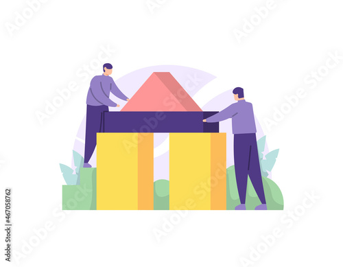 illustration of a team working together to arrange or build something using blocks. the concept of teamwork, mutual help, cooperation. flat cartoon style. vector design