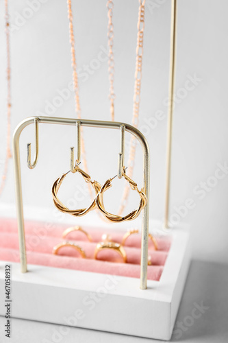 Stand with pair of stylish golden earrings on light background