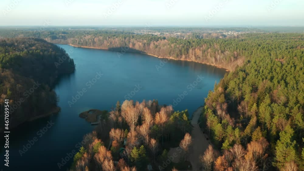 AERIAL: Panorama Look Above Beautiful and Calm Blue Lake and Green Pine Forest AERIAL: Panorama Look Above Beautiful and Calm Blue Lake and Green Pine Forest