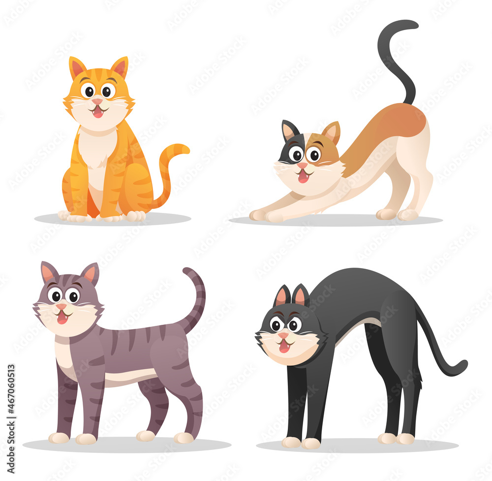 Set of cute cats in various poses cartoon illustration
